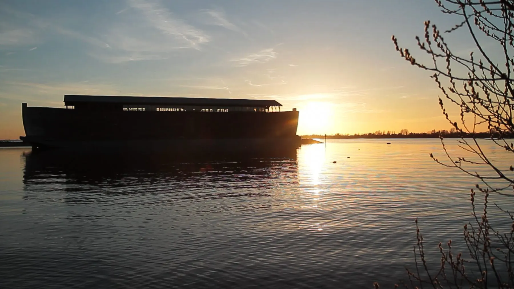 Noah’s Ark in the harbour at sunset