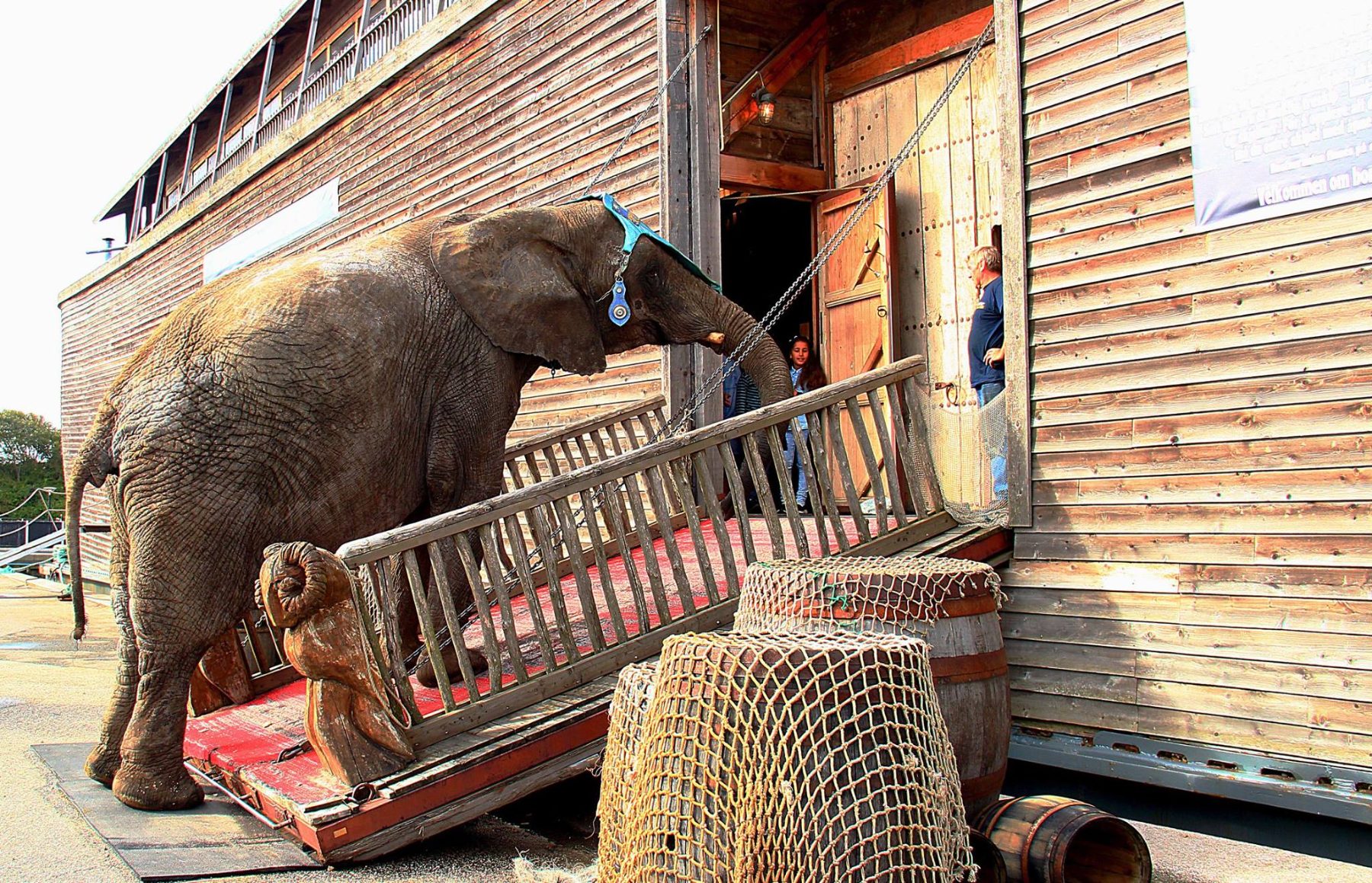 Houten olifant bij de loopplank van de Ark van Noach